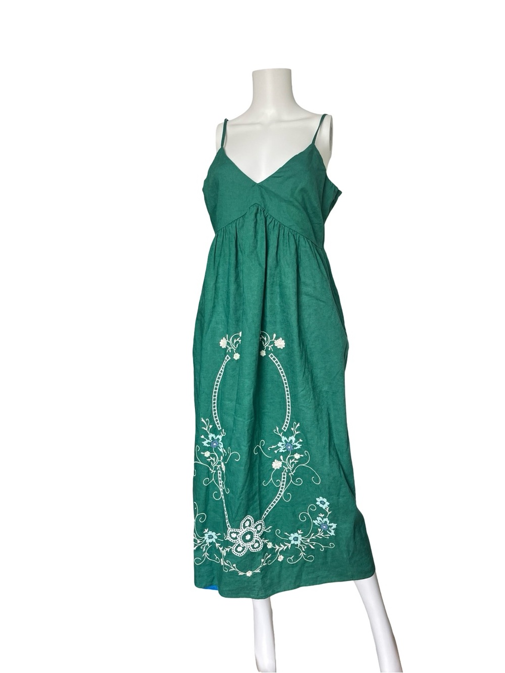 Ann Taylor LOFT Green Embroidered Midi Dress Linen Cotton Womens Size 12
